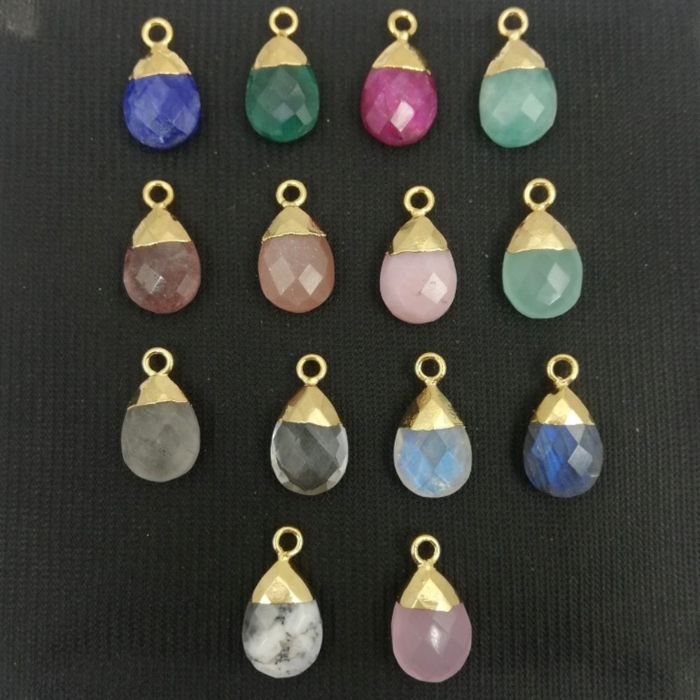 Gold Electroplated Pear 13×9mm Green Emerald Teardrop Pendant Handcrafted Gemstone for Necklace & Bracelet Making– Selling Per Piece