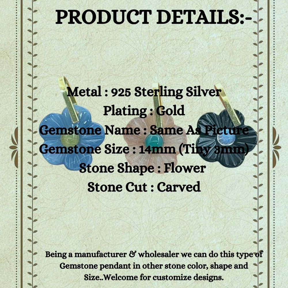 Handmade Carved Flower Gemstone Pendant Gold Plated Sterling Silver Healing Crystal Charm- Selling Per Piece