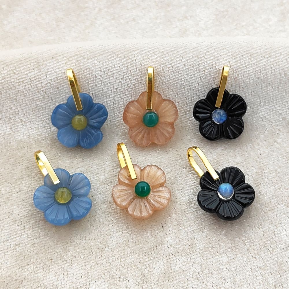 Handmade Carved Flower Gemstone Pendant Gold Plated Sterling Silver Healing Crystal Charm- Selling Per Piece
