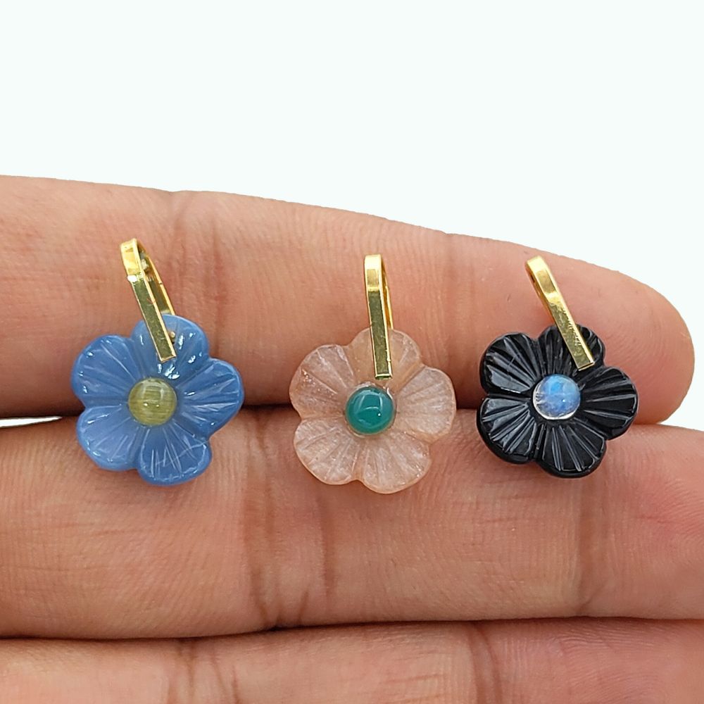 Handmade Carved Flower Gemstone Pendant Gold Plated Sterling Silver Healing Crystal Charm- Selling Per Piece
