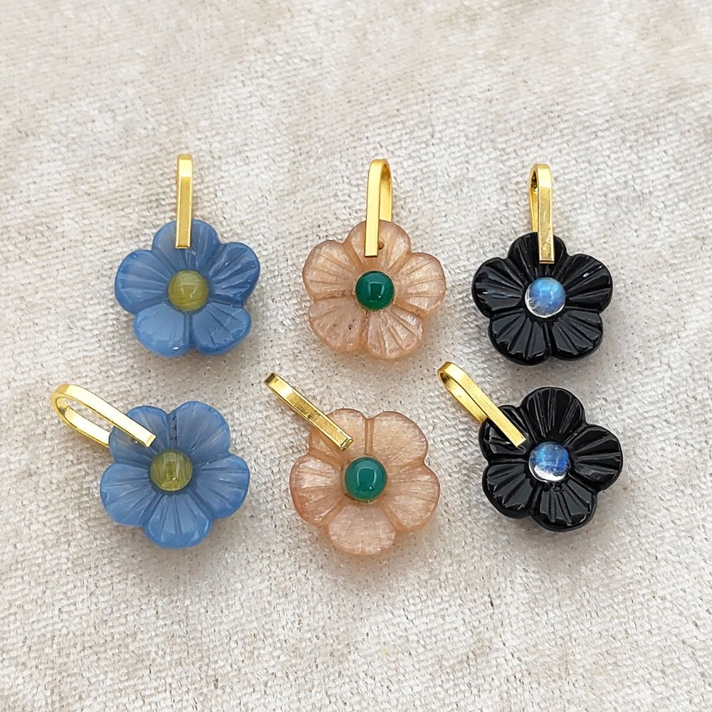 Handmade Carved Flower Gemstone Pendant Gold Plated Sterling Silver Healing Crystal Charm- Selling Per Piece
