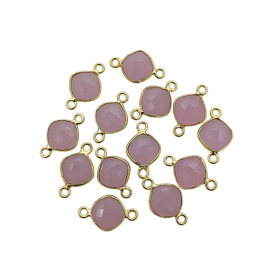 Handmade Cushion Cut Pink Chalcedony Connector Gold Plated Dual Loop Gemstone Link for Jewelry Making- Selling Per Piece
