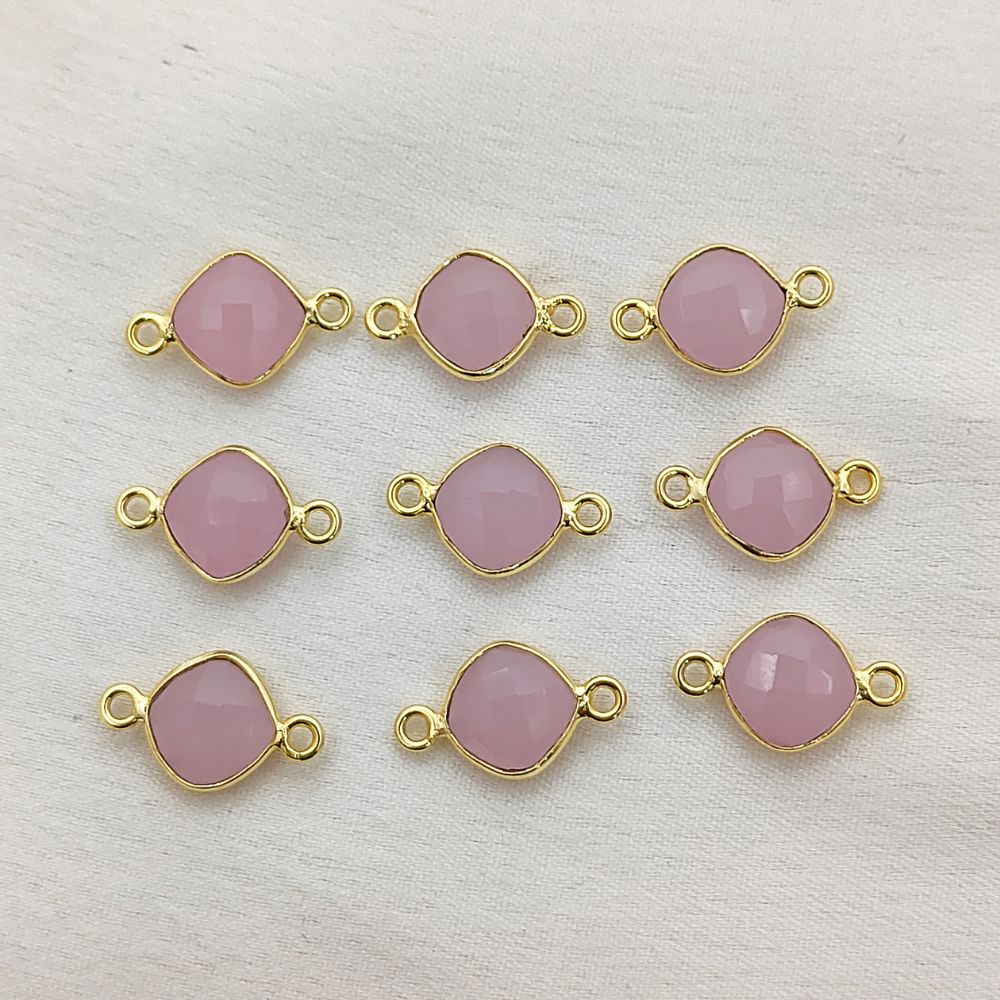 Handmade Cushion Cut Pink Chalcedony Connector Gold Plated Dual Loop Gemstone Link for Jewelry Making- Selling Per Piece