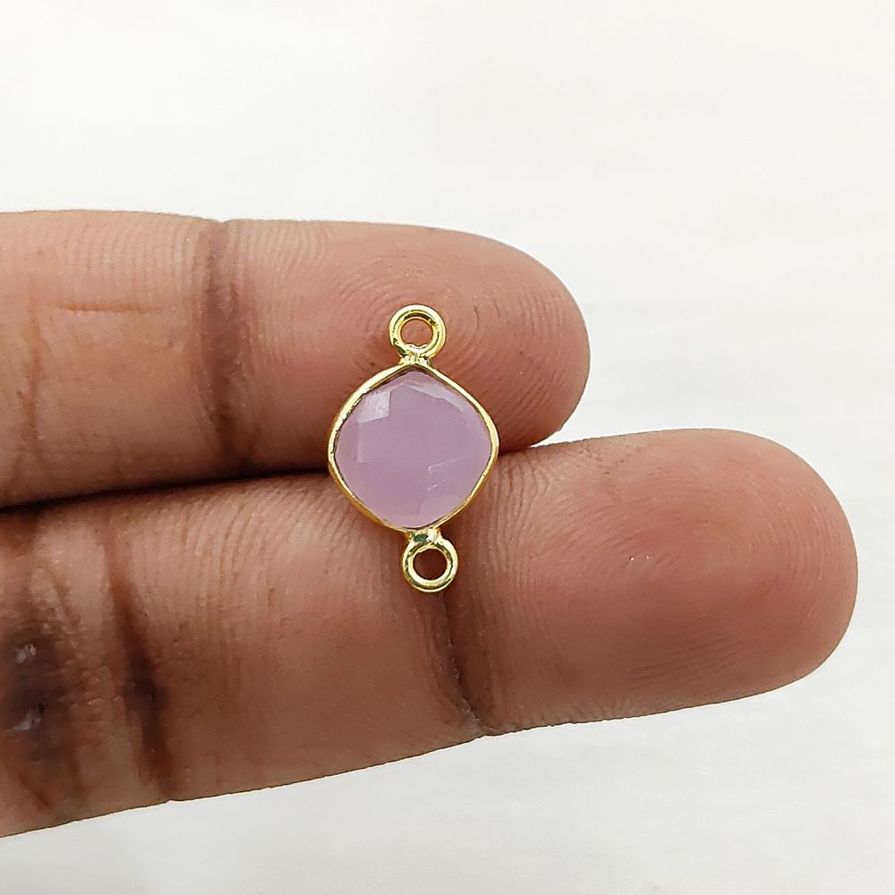 Handmade Cushion Cut Pink Chalcedony Connector Gold Plated Dual Loop Gemstone Link for Jewelry Making- Selling Per Piece