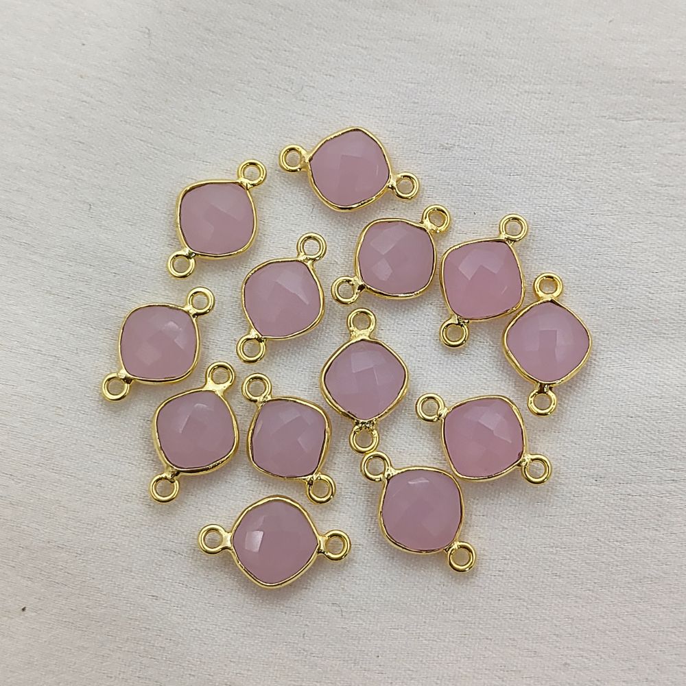 Handmade Cushion Cut Pink Chalcedony Connector Gold Plated Dual Loop Gemstone Link for Jewelry Making- Selling Per Piece