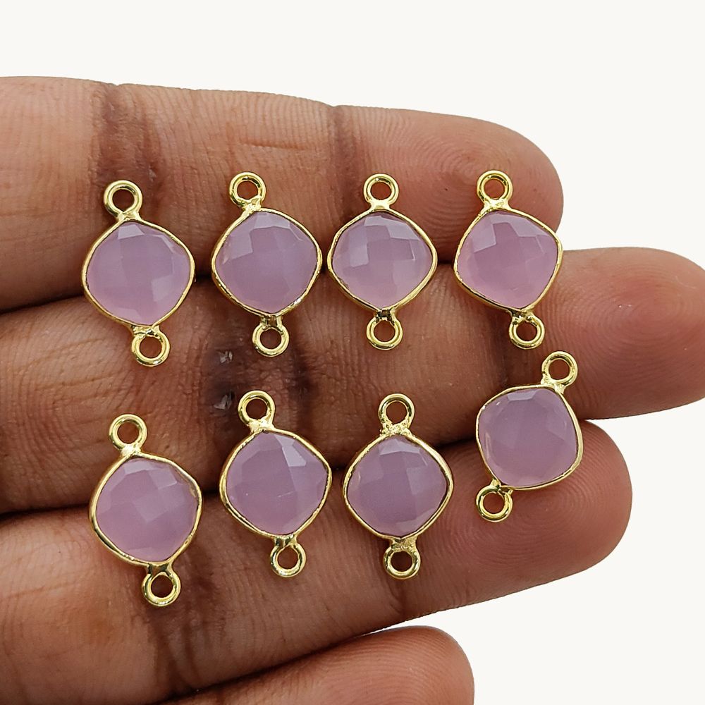 Handmade Cushion Cut Pink Chalcedony Connector Gold Plated Dual Loop Gemstone Link for Jewelry Making- Selling Per Piece