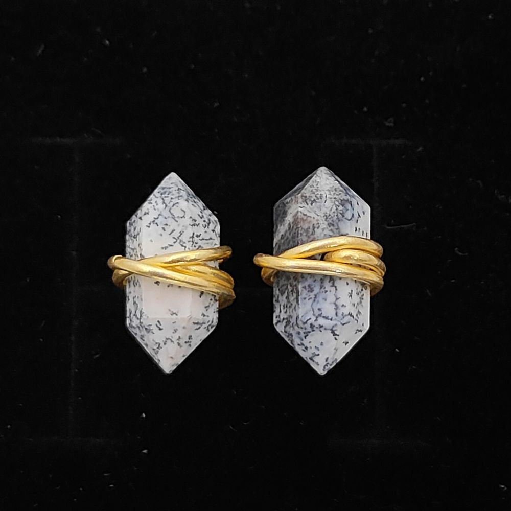 Handmade Dendrite Opal Double Point Stud Earrings, 12x5mm Gemstone in Gold Vermeil, Minimalist Healing Jewelry for Women- Selling Per Pair