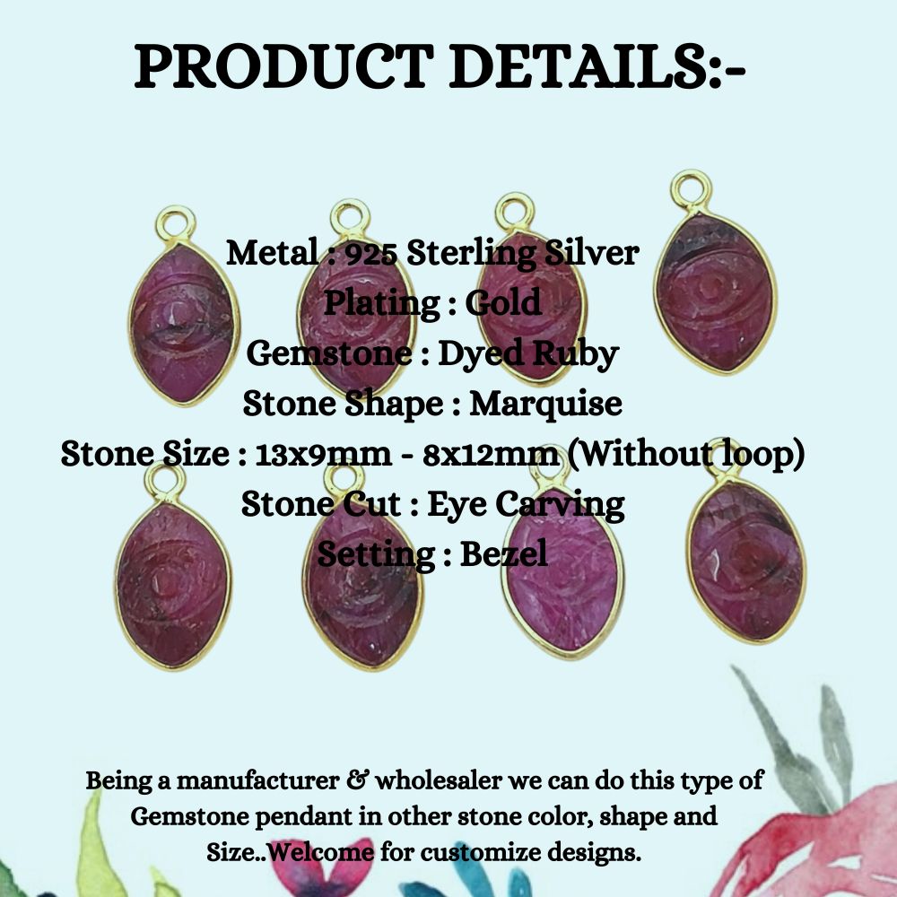 Handmade Dyed Ruby Evil Eye Pendant in Gold Plated Sterling Silver Spiritual Crystal Jewelry Charm- Selling Per Piece