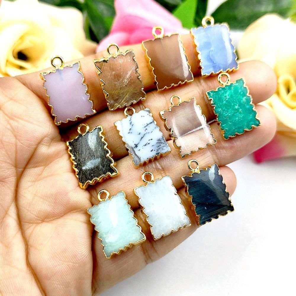 Handmade Gold/Silver Electroplated Slice Zig Zag Pendant 16x12mm Rectangle Multi Gemstone Minimalist Jewelry For Women- Selling Per Piece
