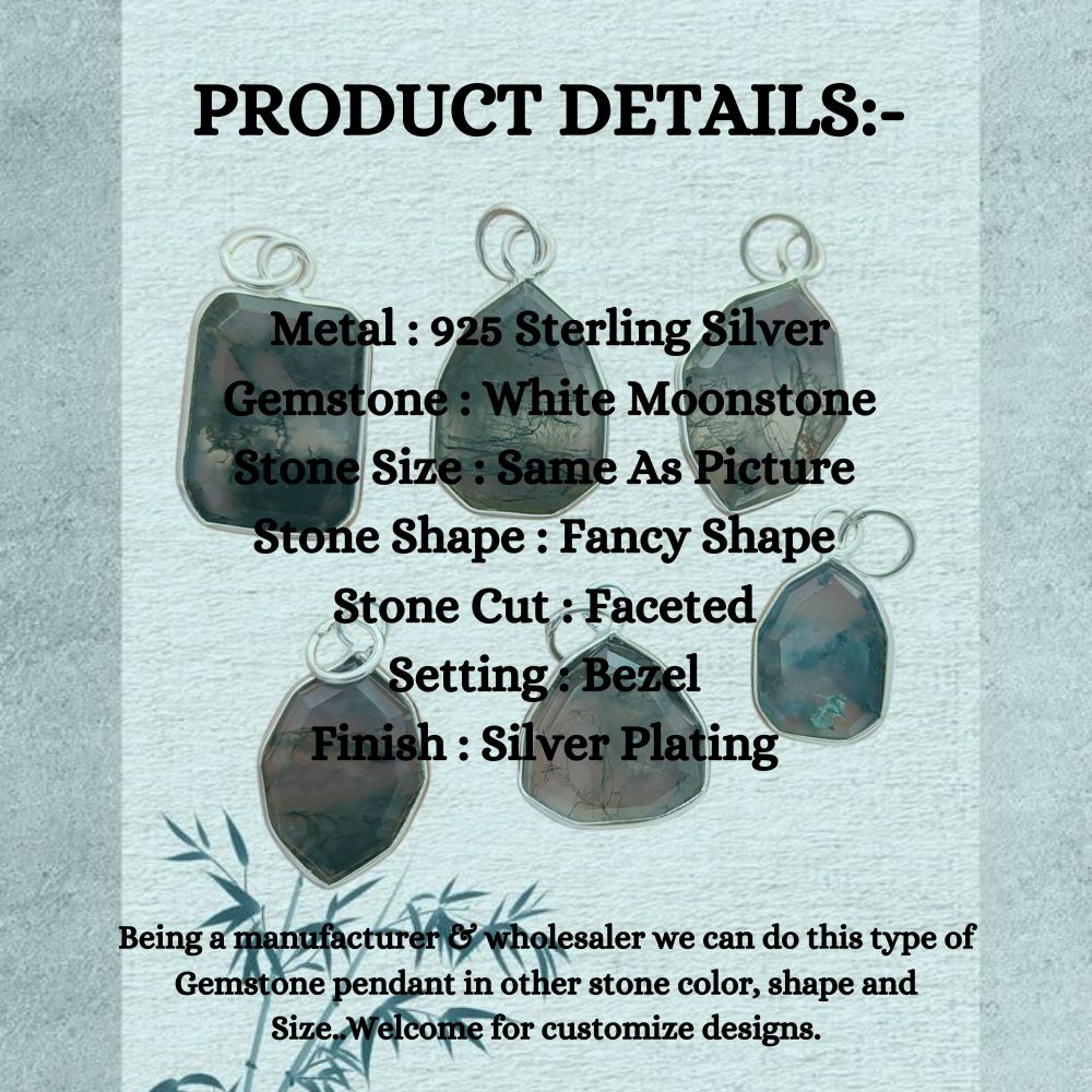 Faceted Moss Agate Stone Pendant in Solid Silver, Unique Handmade Necklace Gift for Her