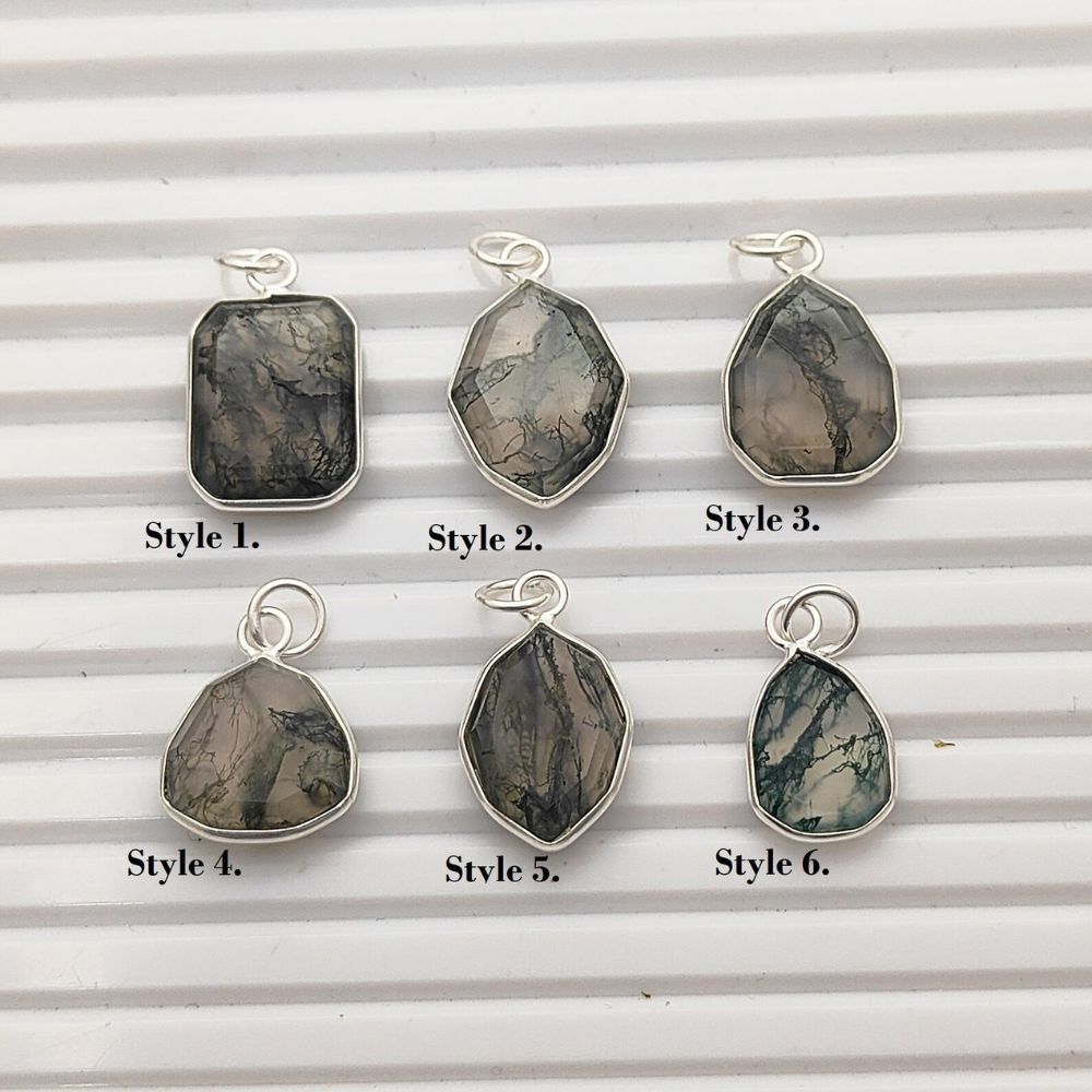 Handmade Moss Agate Crystal Pendant in 925 Sterling Silver, Faceted Gemstone Necklace Charm