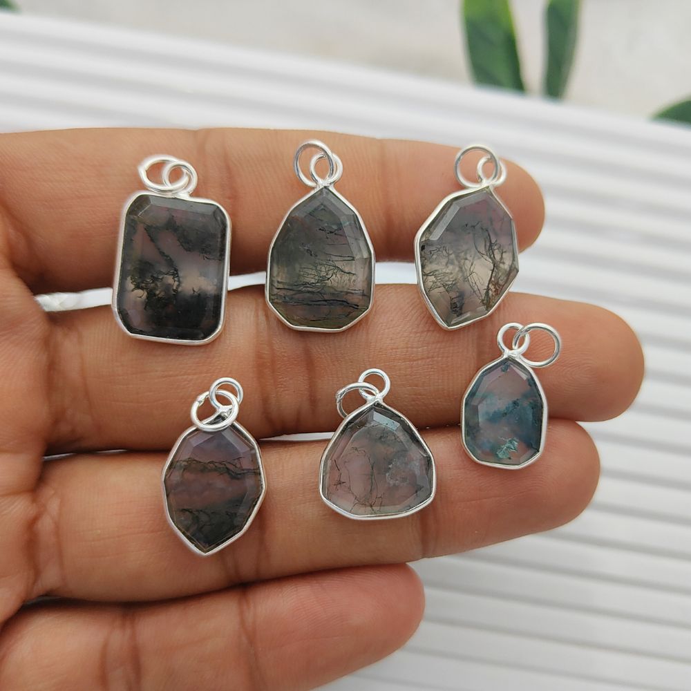 Handmade Sterling Silver Moss Agate Pendant, Minimalist Faceted Gemstone Necklace Charm