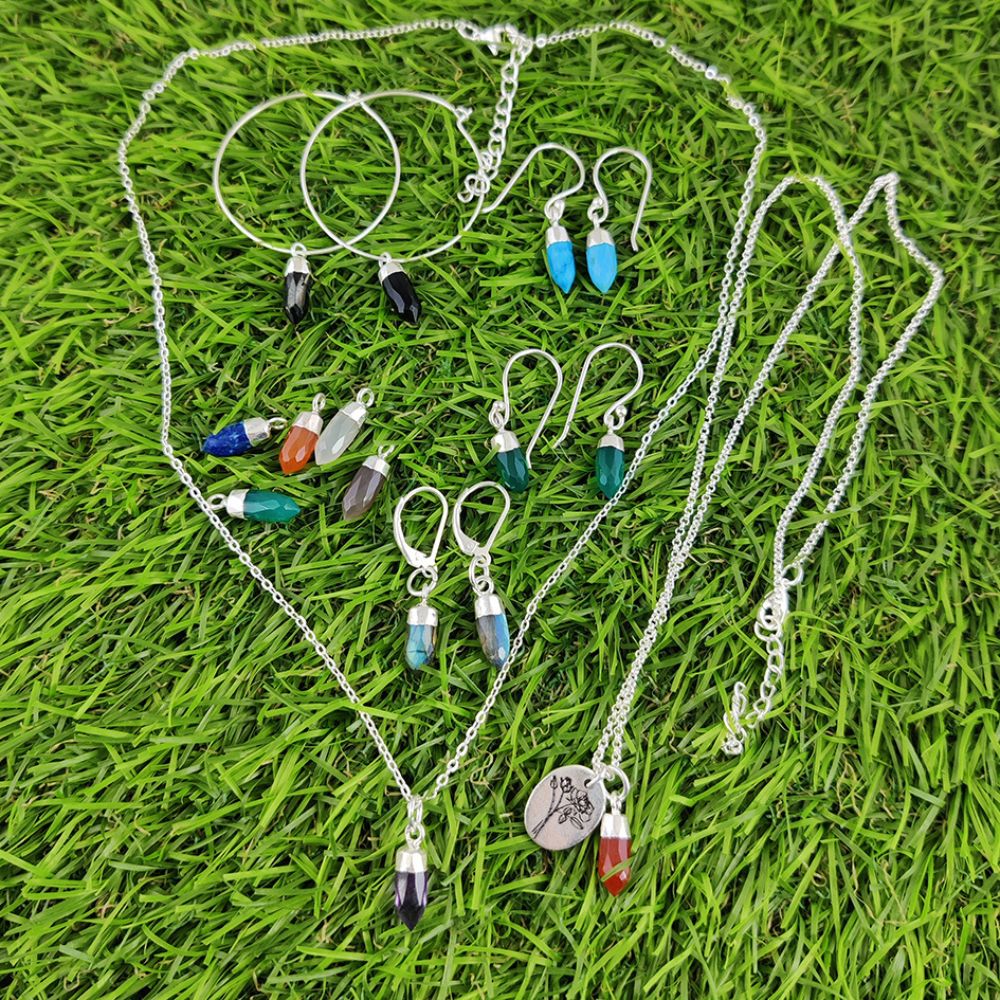 Handmade Multi-Gemstone Spike Point Pendant Silver Capped Charm for Necklaces & Earrings- Selling Per Piece