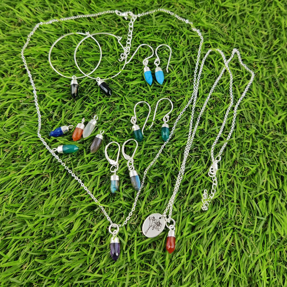 Handmade Multi-Gemstone Spike Point Pendant Silver Capped Charm for Necklaces & Earrings- Selling Per Piece