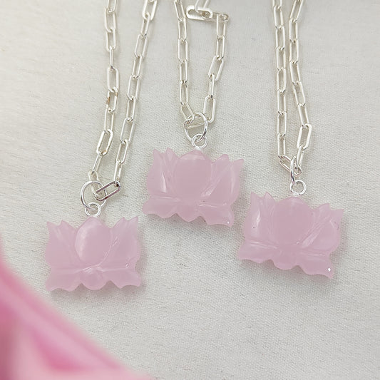 Handmade Pink Chalcedony Lotus Pendant Everyday Healing Necklace for Women- Selling Per Piece
