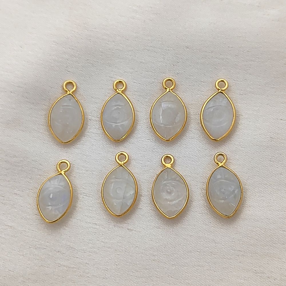 Handmade Rainbow Moonstone Evil Eye Pendant in Gold Plated Sterling Silver Unique Hand-Carved Crystal Charm- Selling Per Piece