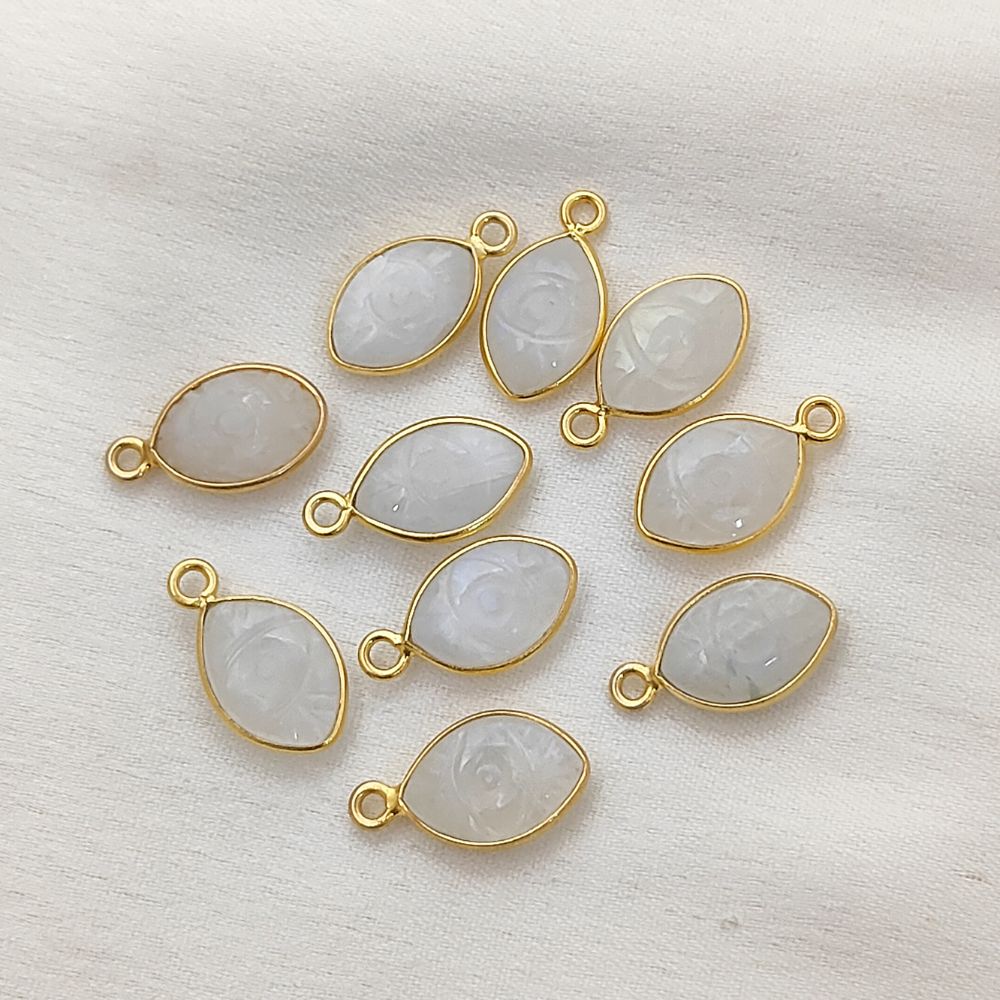 Handmade Rainbow Moonstone Evil Eye Pendant in Gold Plated Sterling Silver Unique Hand-Carved Crystal Charm- Selling Per Piece