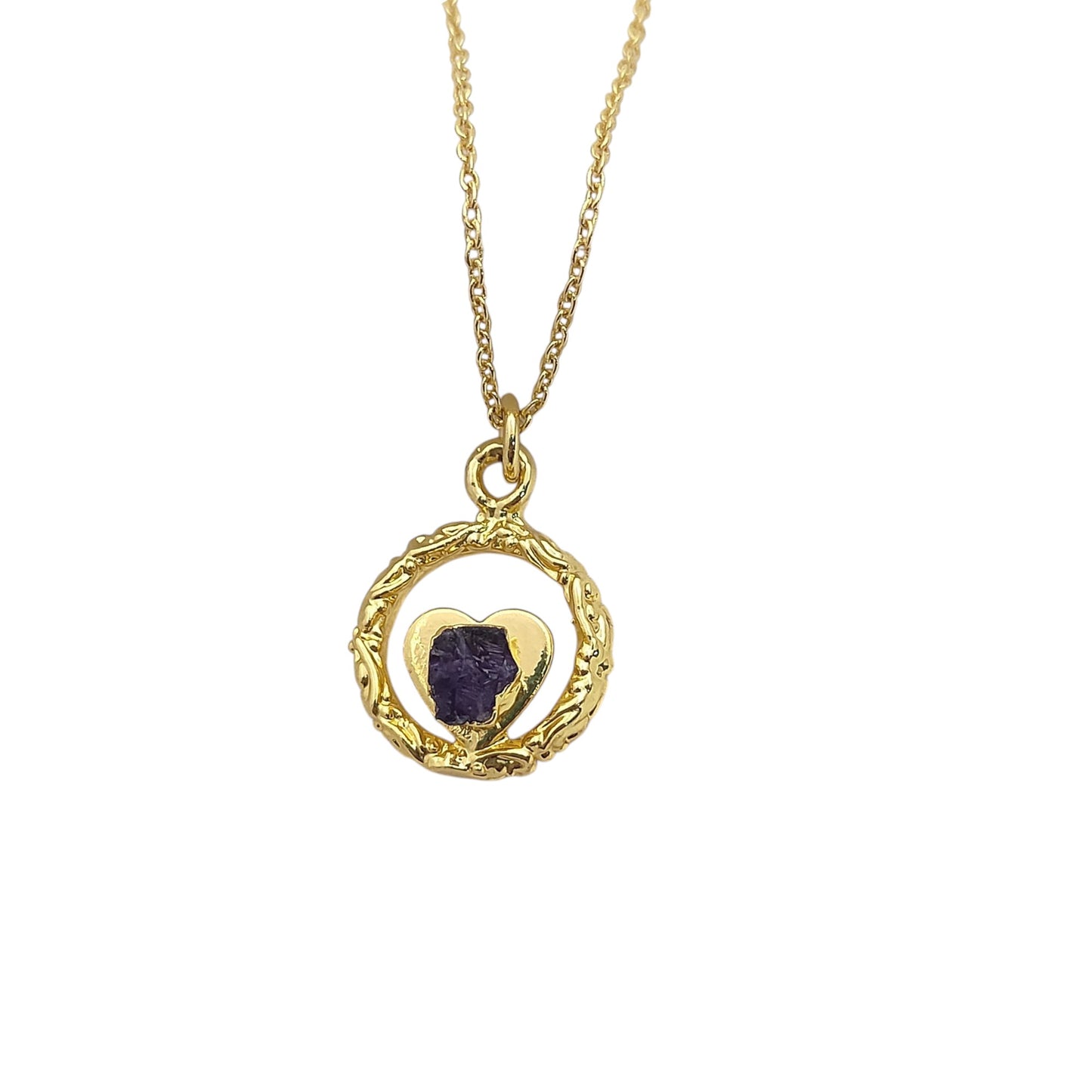 Raw Amethyst Heart Pendant Necklace with Ring Design February Birthstone Gold Plated Jewelry for Women