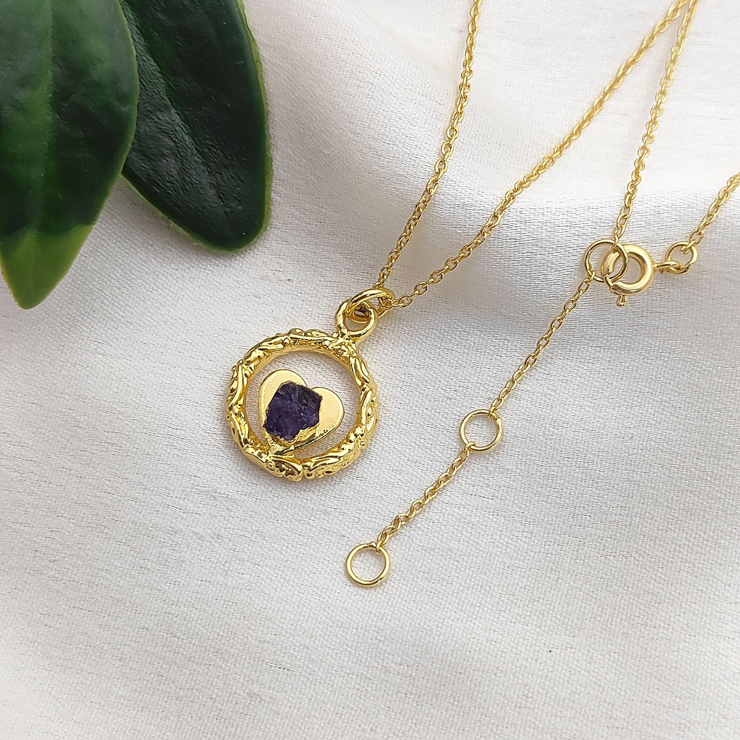 Raw Amethyst Heart Pendant Necklace with Ring Design February Birthstone Gold Plated Jewelry for Women