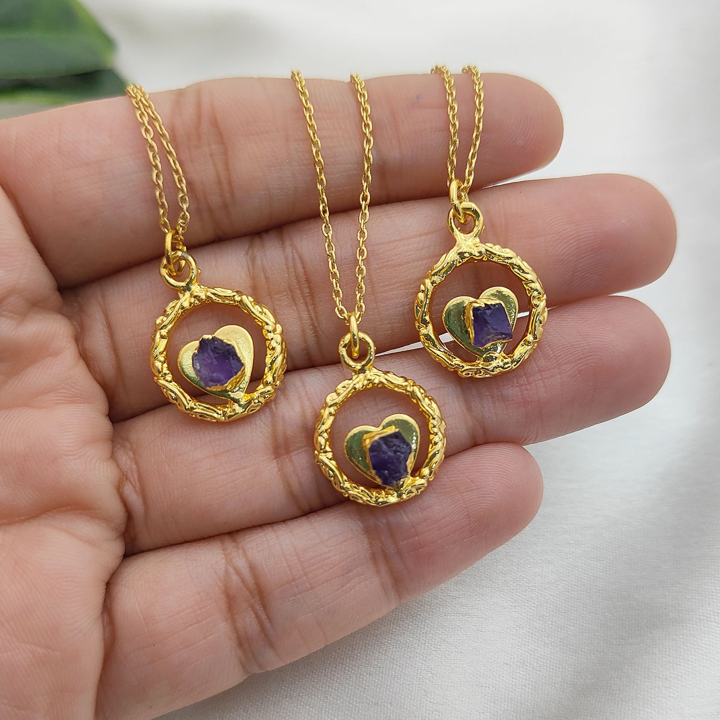 Raw Amethyst Heart Pendant Necklace with Ring Design February Birthstone Gold Plated Jewelry for Women