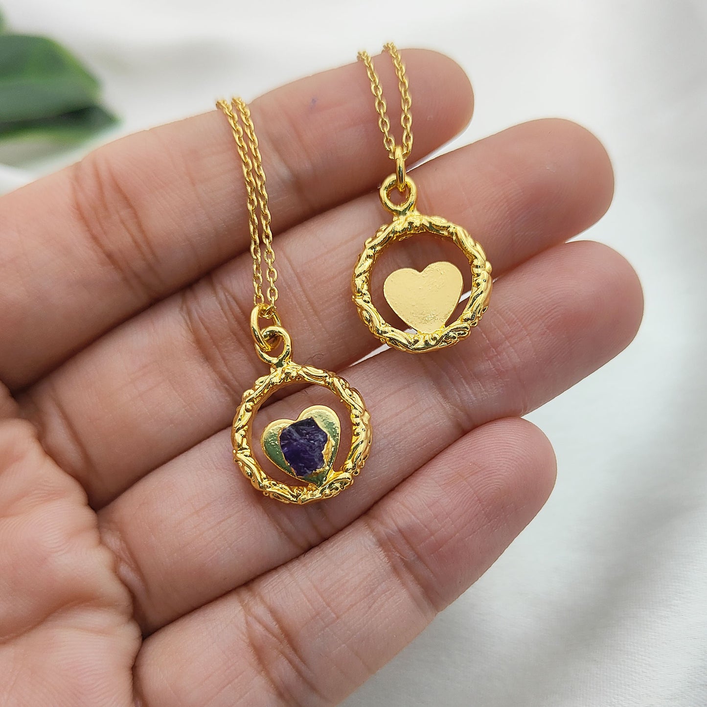 Raw Amethyst Heart Pendant Necklace with Ring Design February Birthstone Gold Plated Jewelry for Women