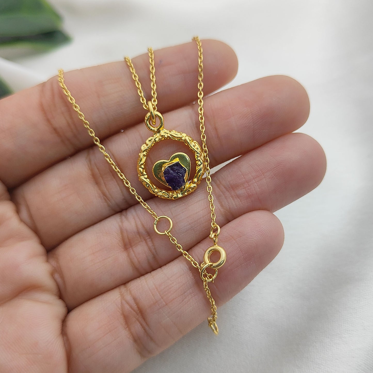 Raw Amethyst Heart Pendant Necklace with Ring Design February Birthstone Gold Plated Jewelry for Women