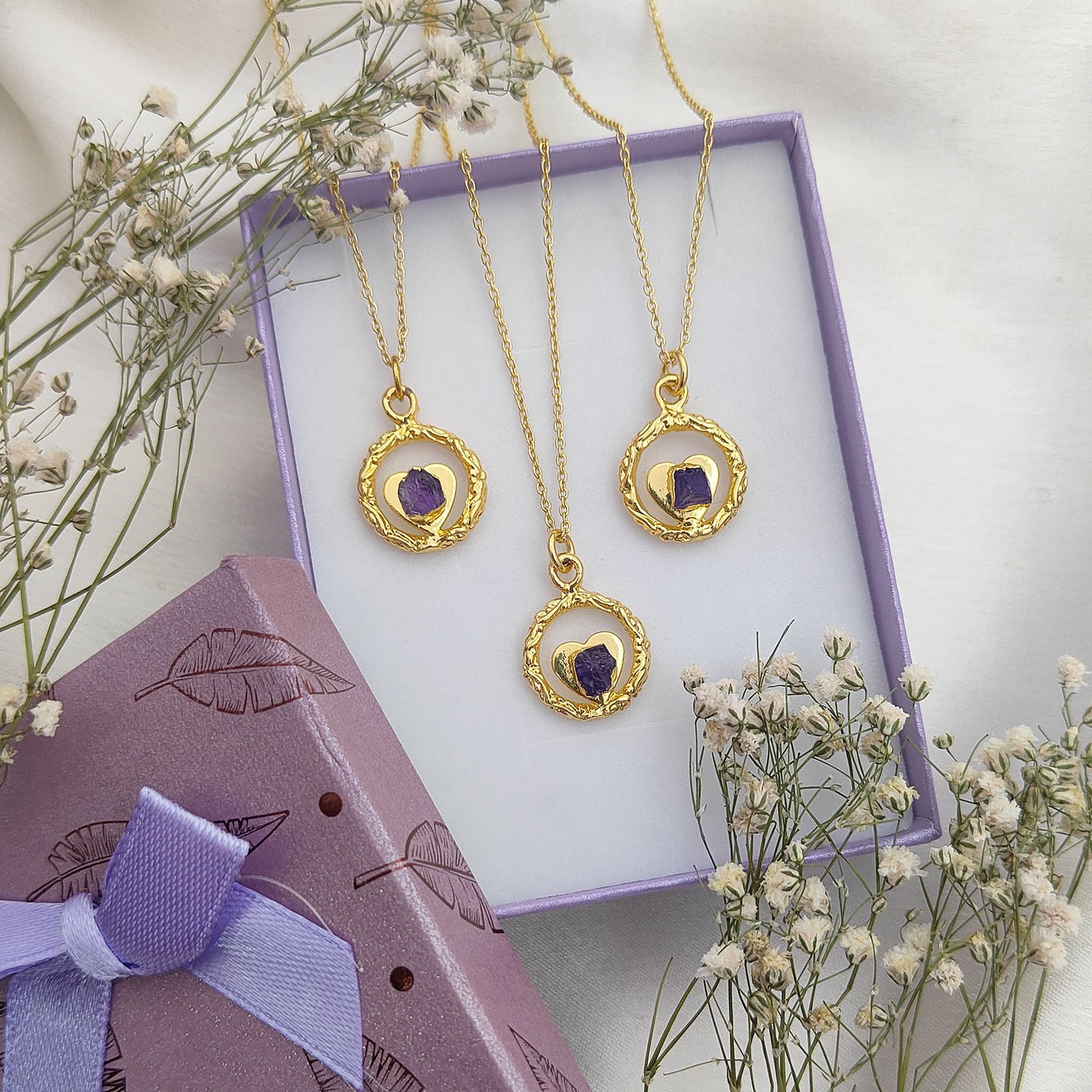 Raw Amethyst Heart Pendant Necklace with Ring Design February Birthstone Gold Plated Jewelry for Women
