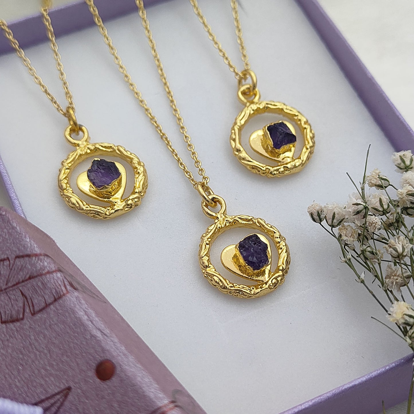 Raw Amethyst Heart Pendant Necklace with Ring Design February Birthstone Gold Plated Jewelry for Women
