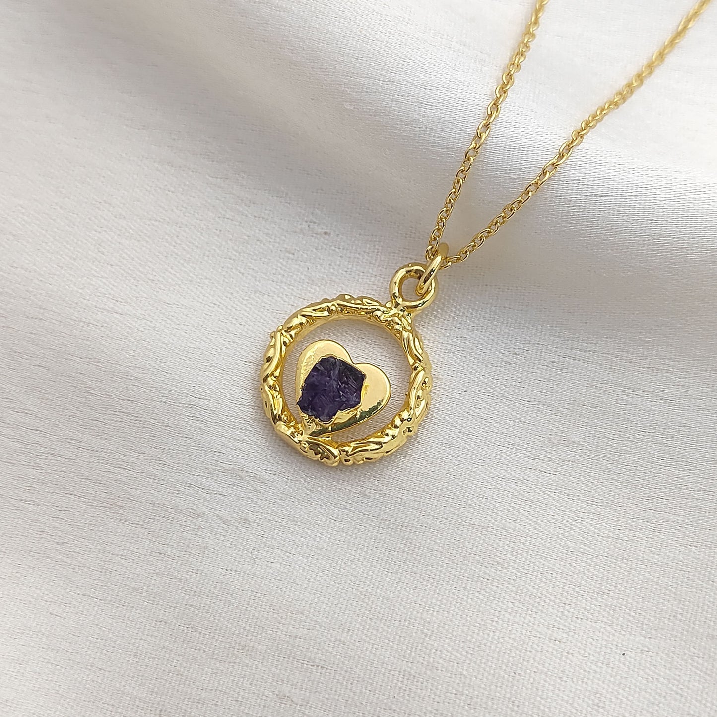 Raw Amethyst Heart Pendant Necklace with Ring Design February Birthstone Gold Plated Jewelry for Women