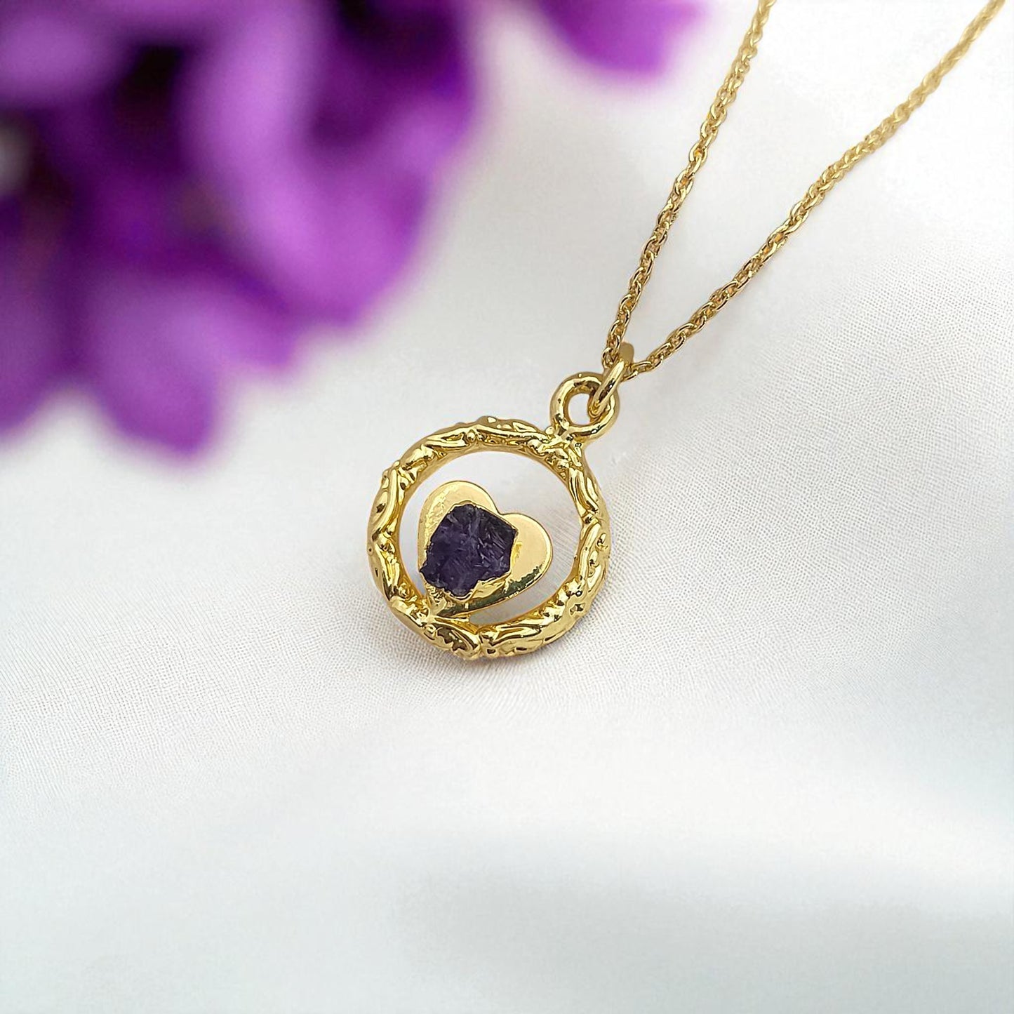 Raw Amethyst Heart Pendant Necklace with Ring Design February Birthstone Gold Plated Jewelry for Women