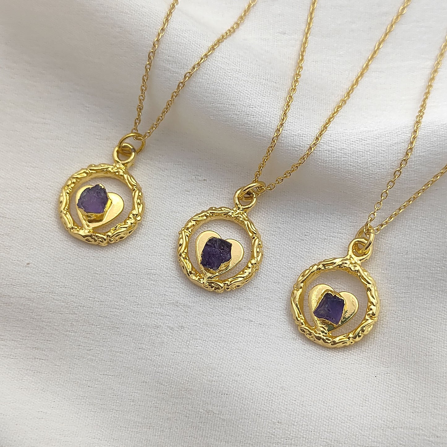 Raw Amethyst Heart Pendant Necklace with Ring Design February Birthstone Gold Plated Jewelry for Women