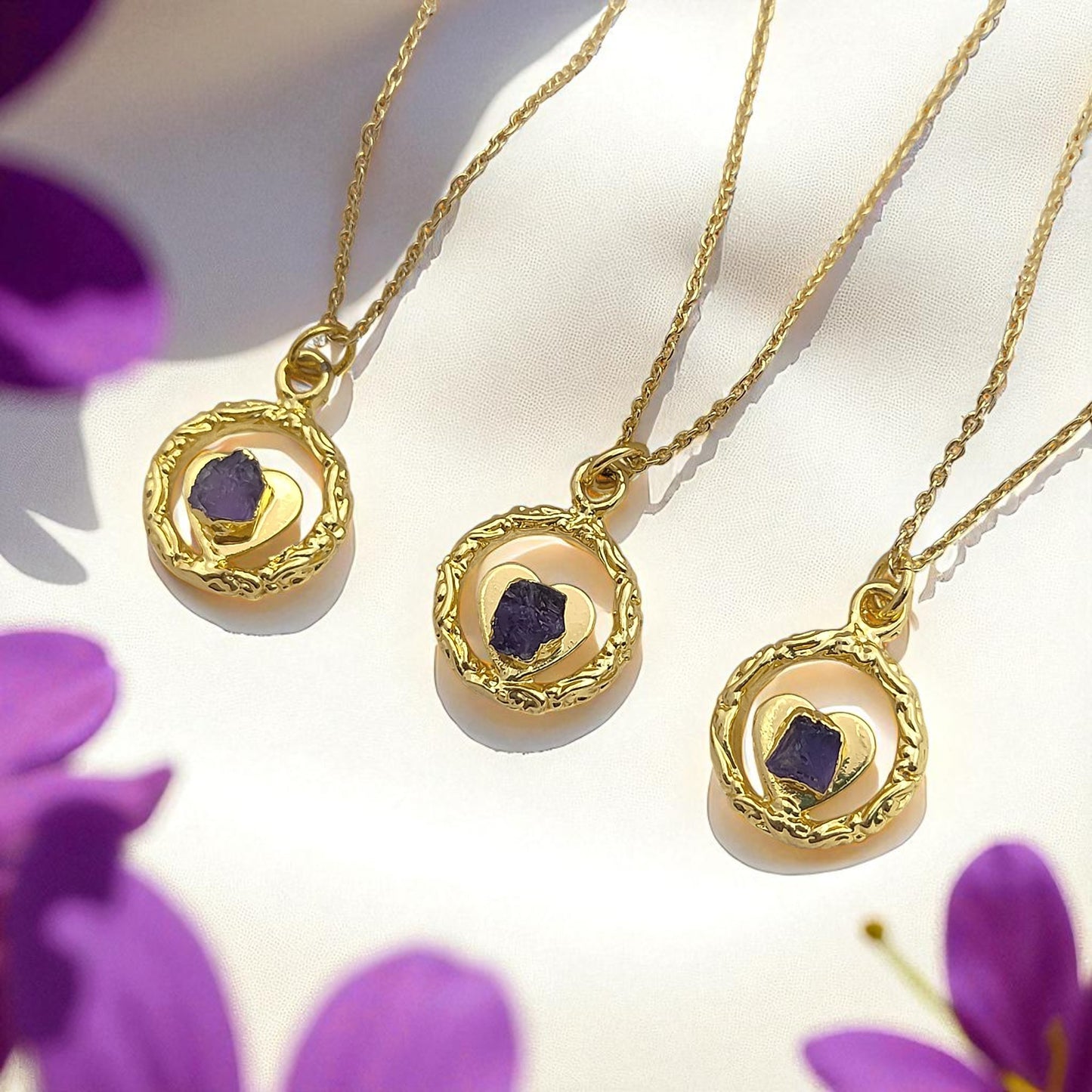 Raw Amethyst Heart Pendant Necklace with Ring Design February Birthstone Gold Plated Jewelry for Women