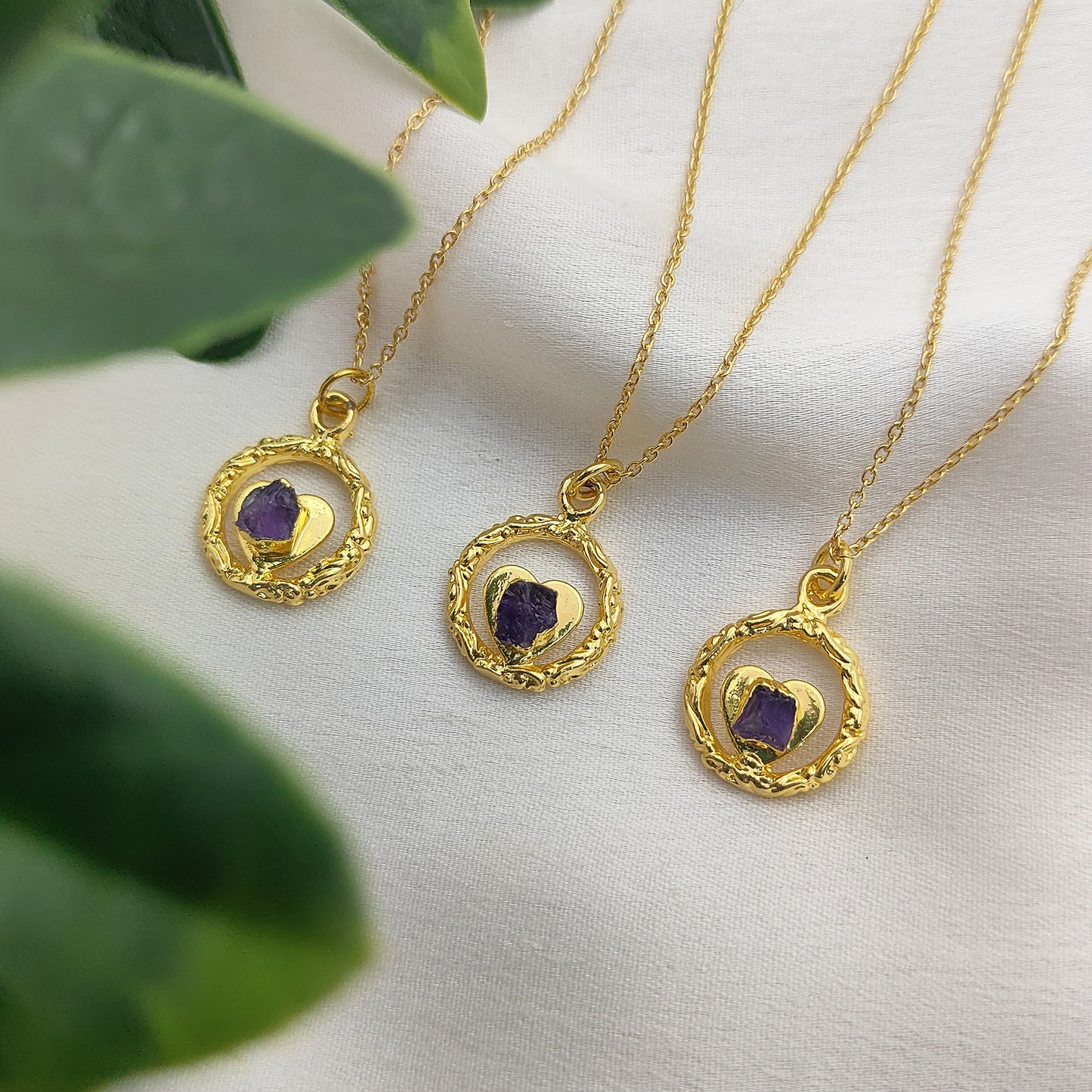 Raw Amethyst Heart Pendant Necklace with Ring Design February Birthstone Gold Plated Jewelry for Women
