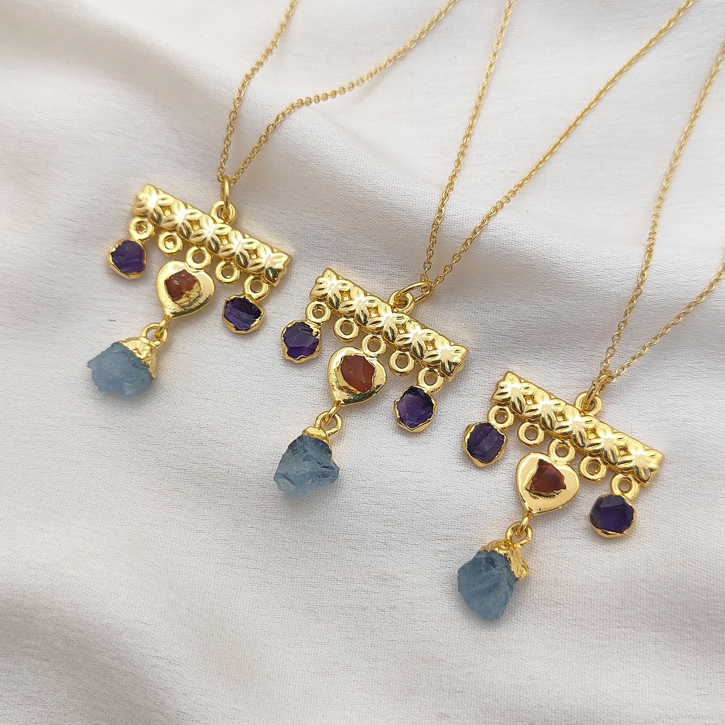 Minimalist Raw Crystal Necklace with Aquamarine, Carnelian & Amethyst Handmade Gold Plated Birthstone Jewelry