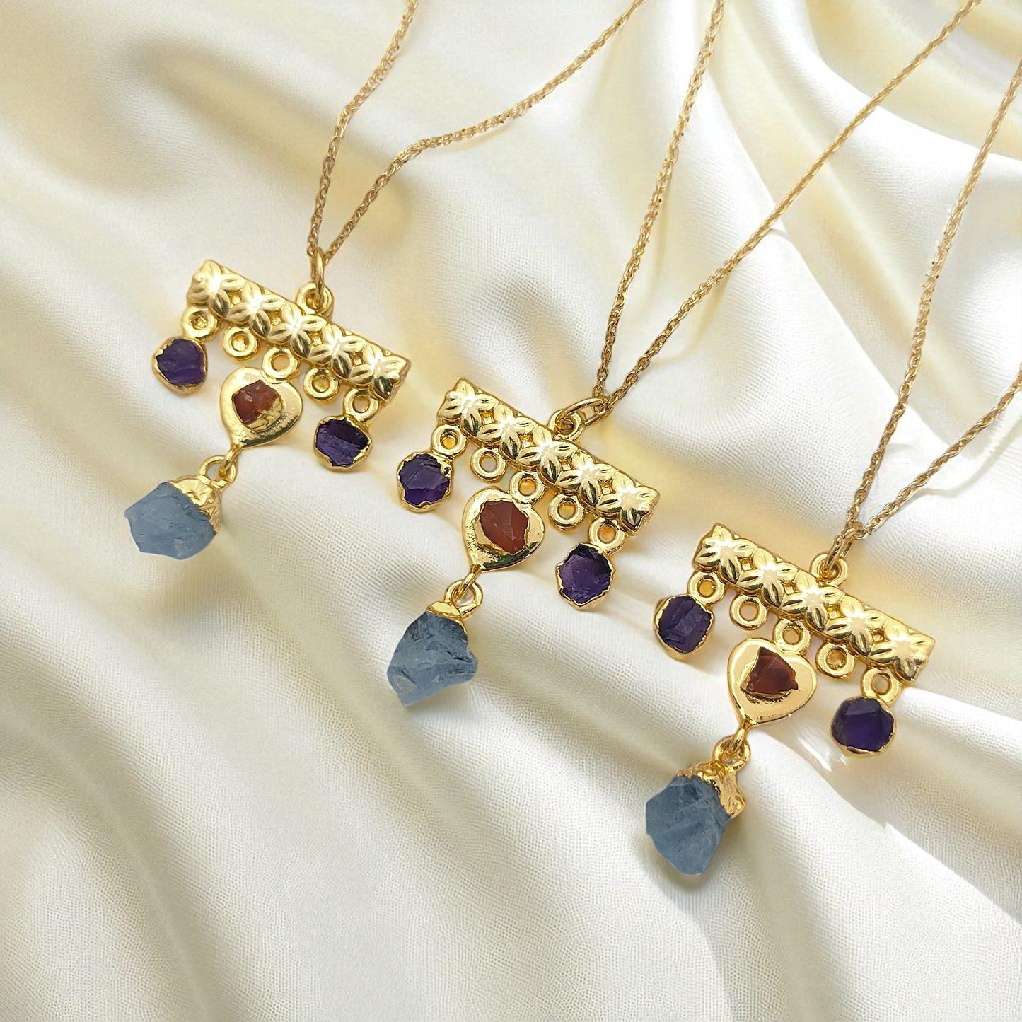 Minimalist Raw Crystal Necklace with Aquamarine, Carnelian & Amethyst Handmade Gold Plated Birthstone Jewelry