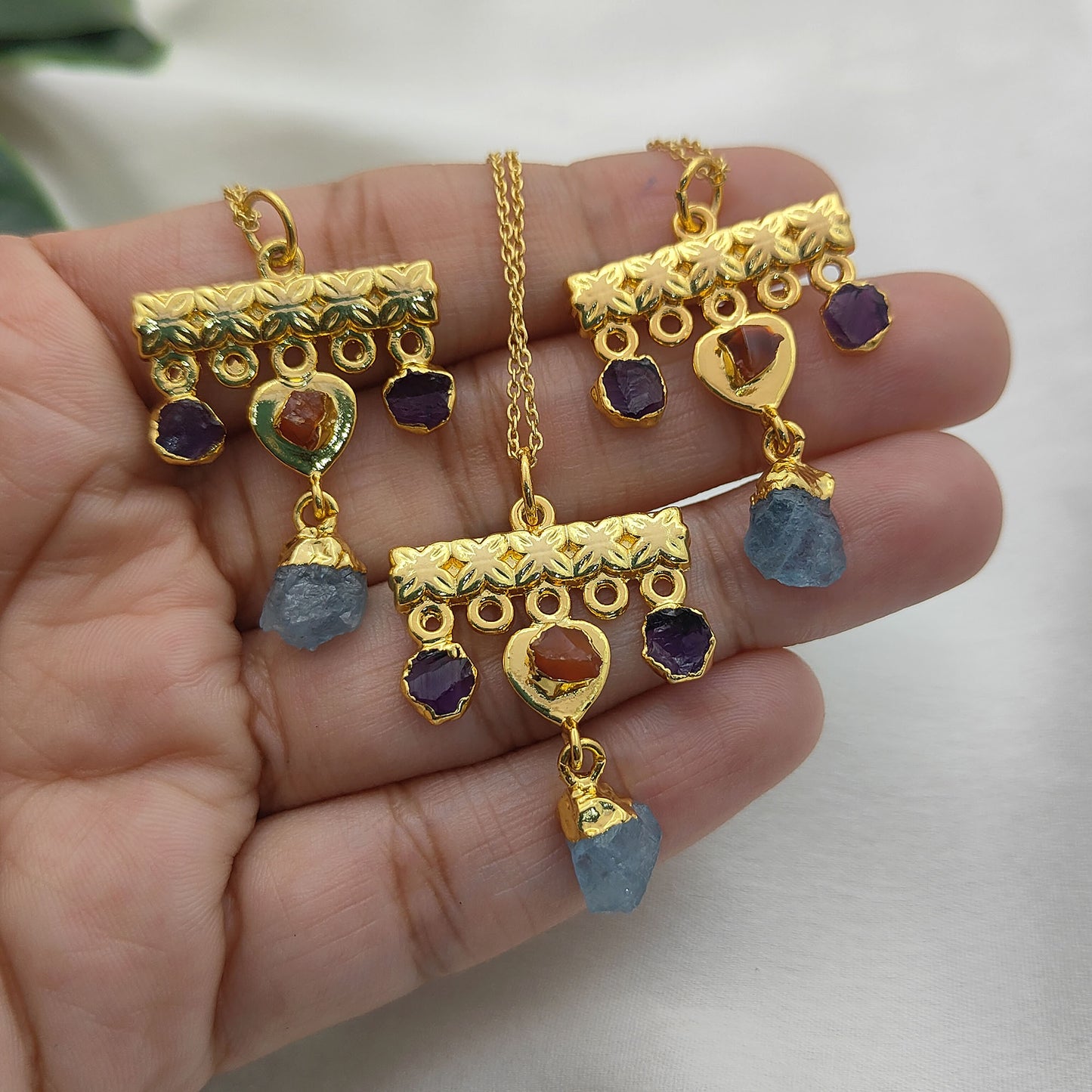 Minimalist Raw Crystal Necklace with Aquamarine, Carnelian & Amethyst Handmade Gold Plated Birthstone Jewelry