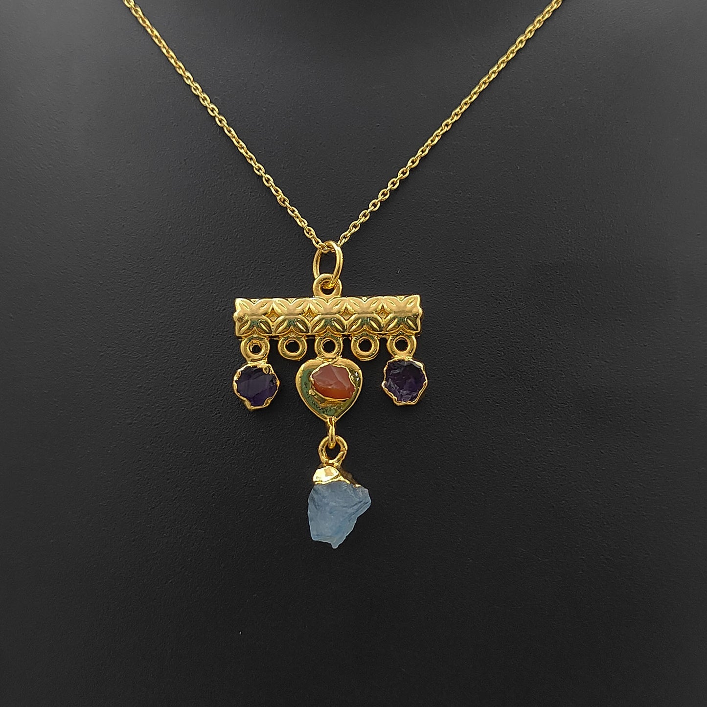 Minimalist Raw Crystal Necklace with Aquamarine, Carnelian & Amethyst Handmade Gold Plated Birthstone Jewelry