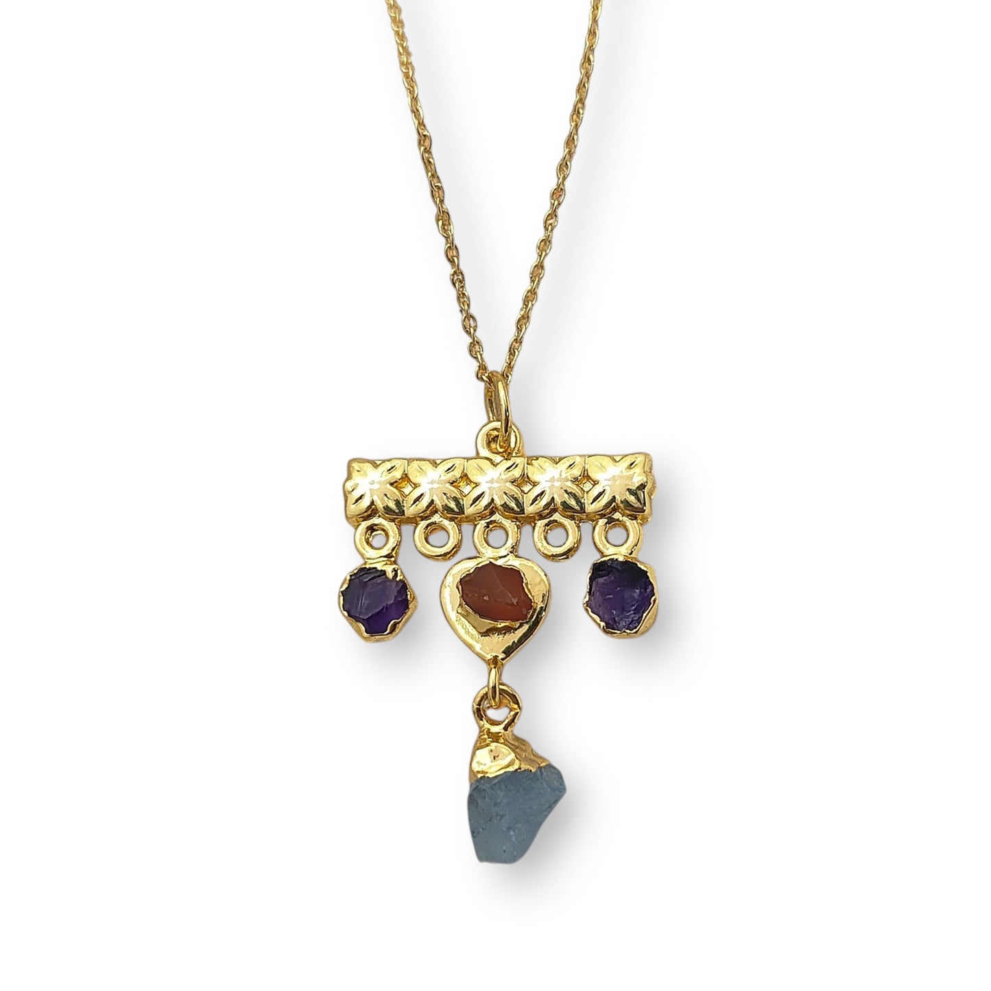 Minimalist Raw Crystal Necklace with Aquamarine, Carnelian & Amethyst Handmade Gold Plated Birthstone Jewelry