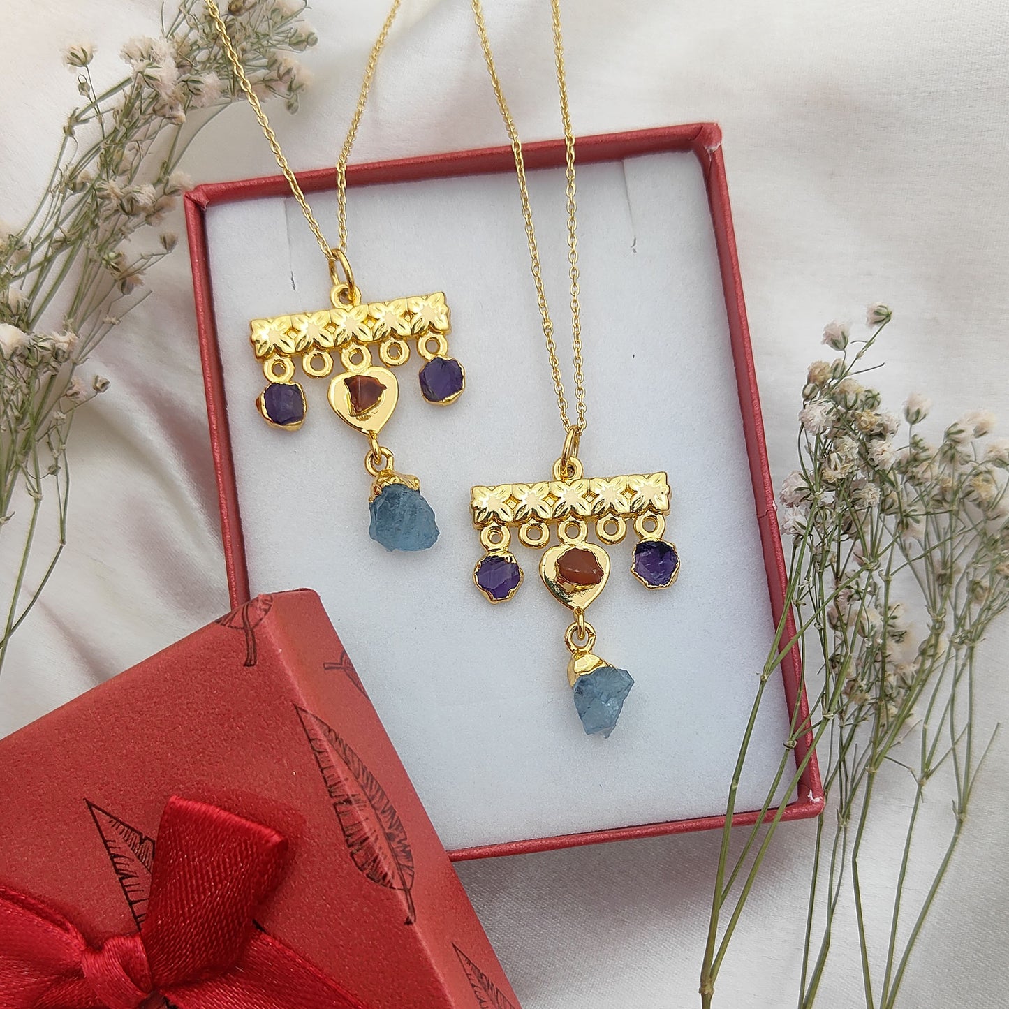 Minimalist Raw Crystal Necklace with Aquamarine, Carnelian & Amethyst Handmade Gold Plated Birthstone Jewelry