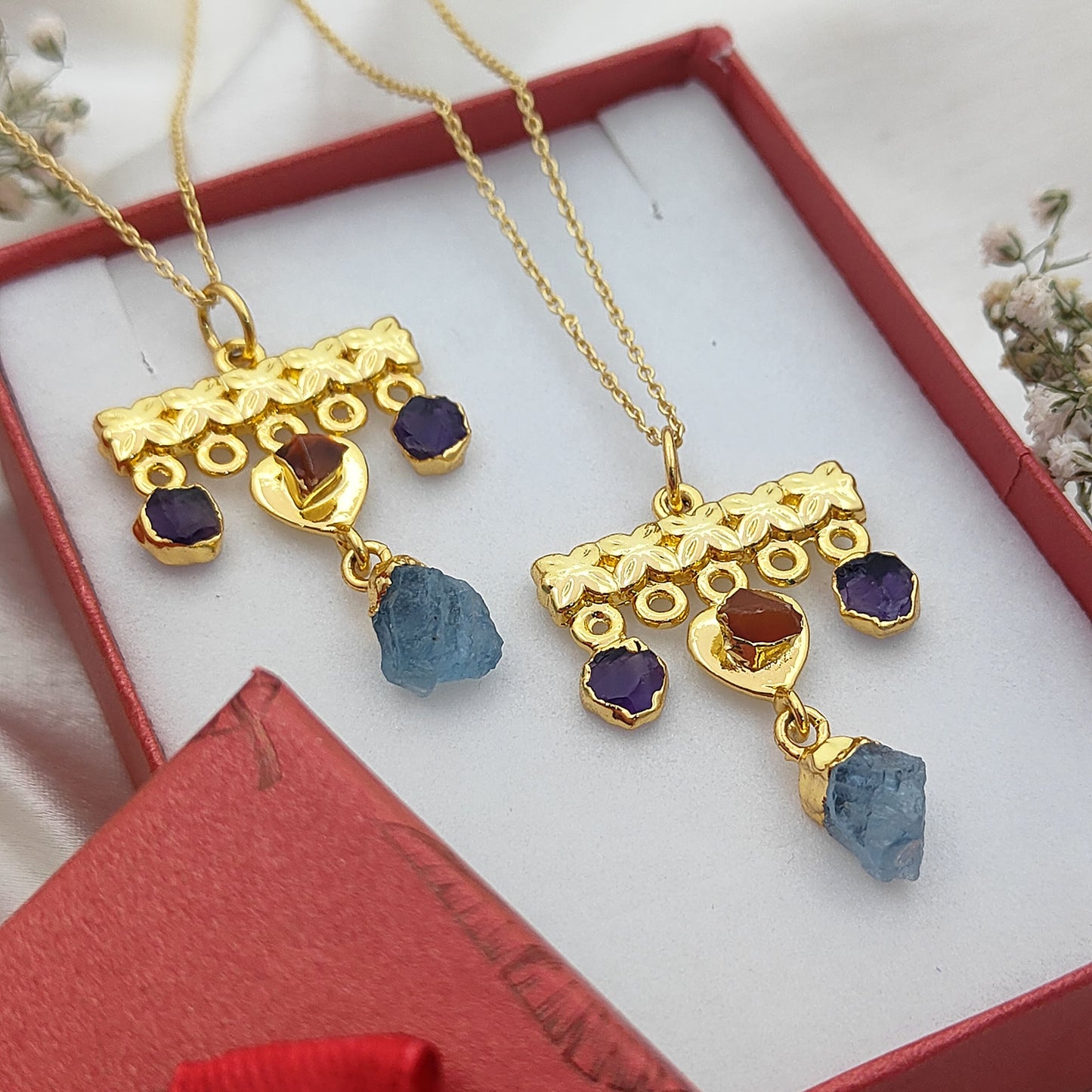 Minimalist Raw Crystal Necklace with Aquamarine, Carnelian & Amethyst Handmade Gold Plated Birthstone Jewelry