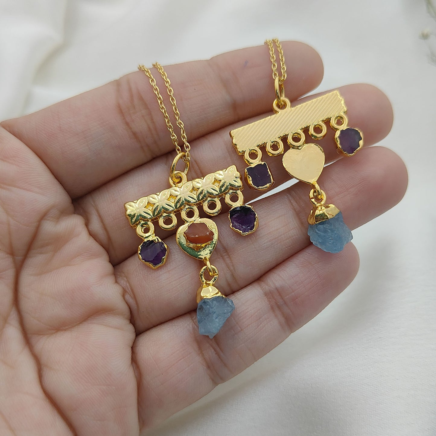 Minimalist Raw Crystal Necklace with Aquamarine, Carnelian & Amethyst Handmade Gold Plated Birthstone Jewelry