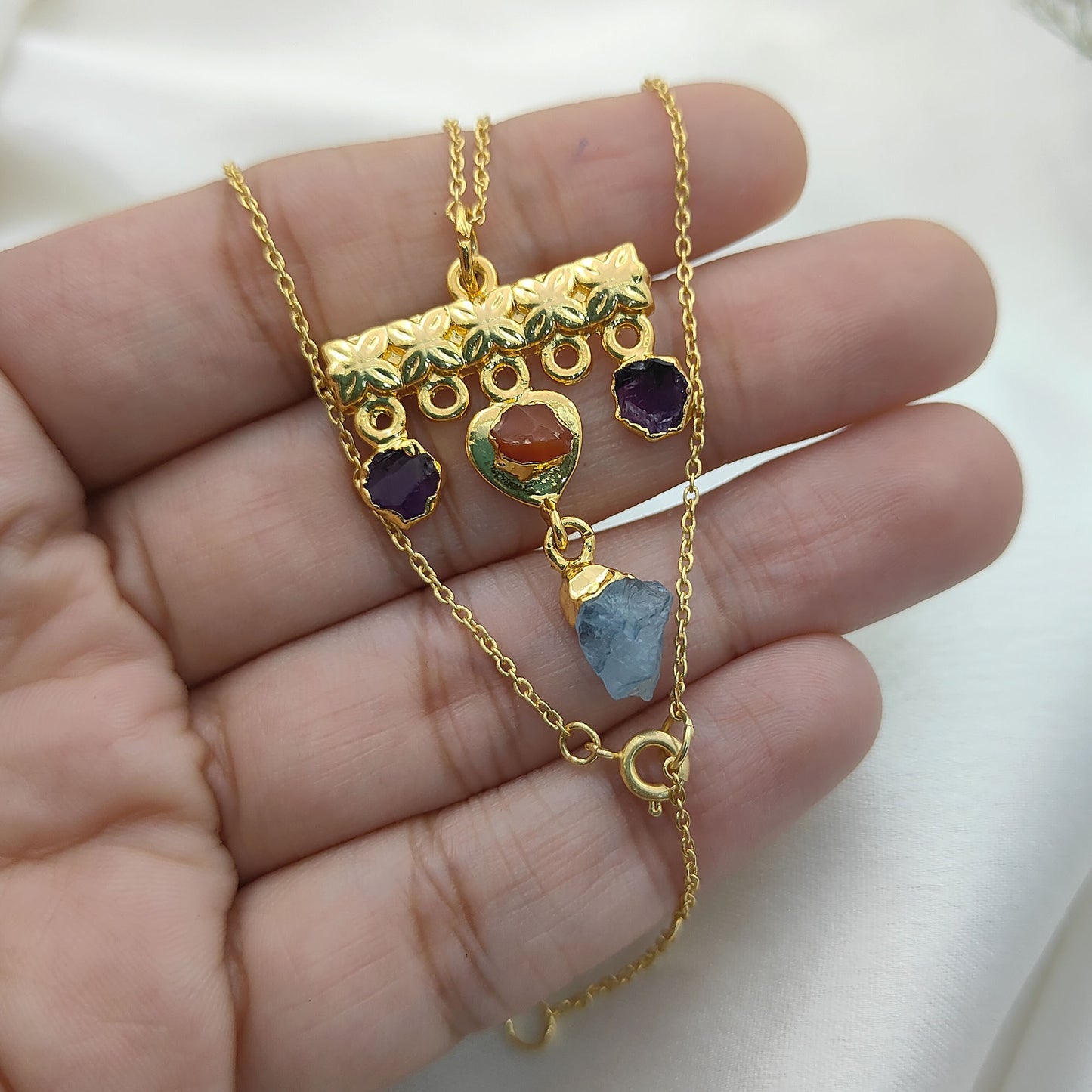 Minimalist Raw Crystal Necklace with Aquamarine, Carnelian & Amethyst Handmade Gold Plated Birthstone Jewelry