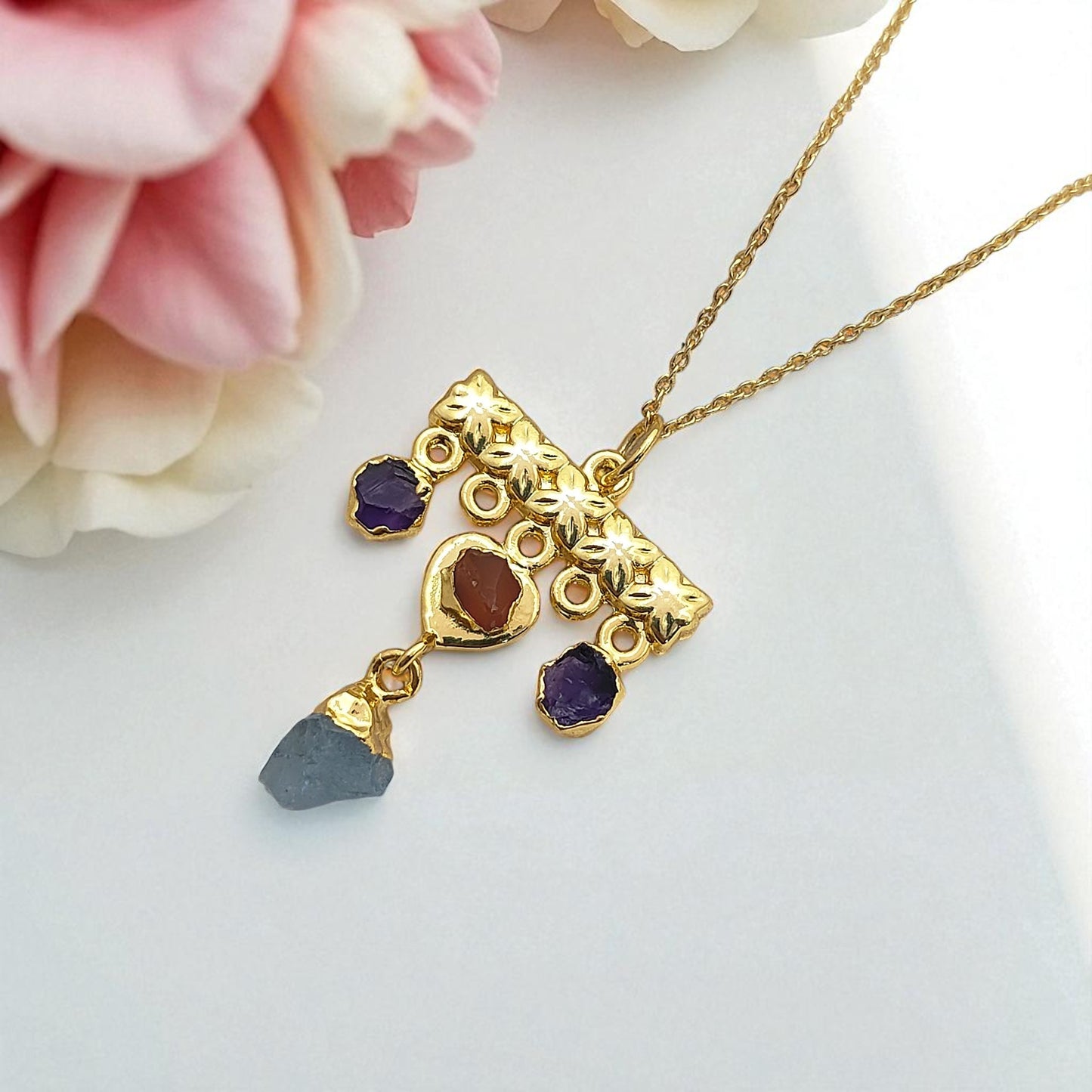 Minimalist Raw Crystal Necklace with Aquamarine, Carnelian & Amethyst Handmade Gold Plated Birthstone Jewelry