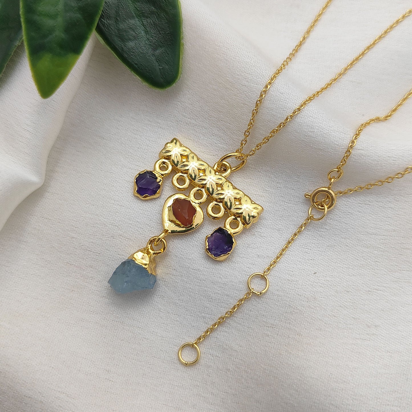 Minimalist Raw Crystal Necklace with Aquamarine, Carnelian & Amethyst Handmade Gold Plated Birthstone Jewelry