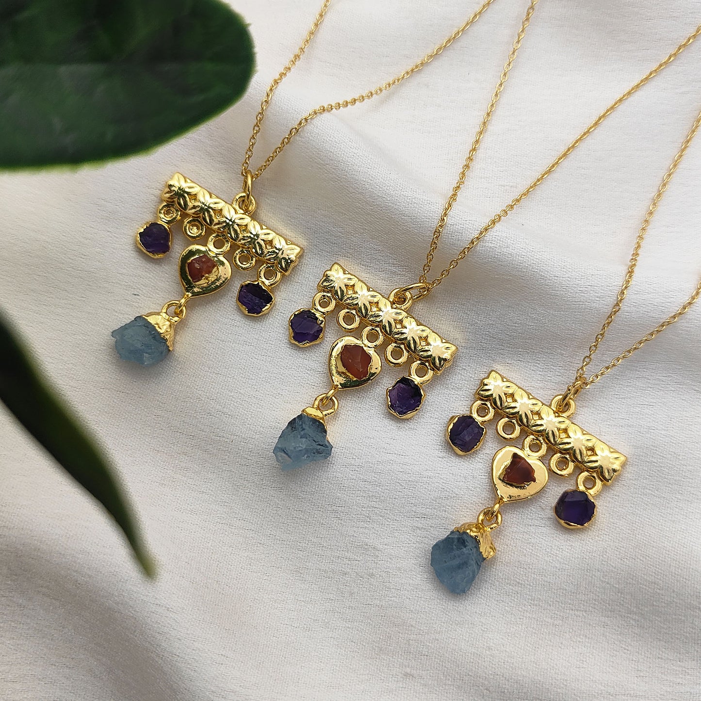 Minimalist Raw Crystal Necklace with Aquamarine, Carnelian & Amethyst Handmade Gold Plated Birthstone Jewelry