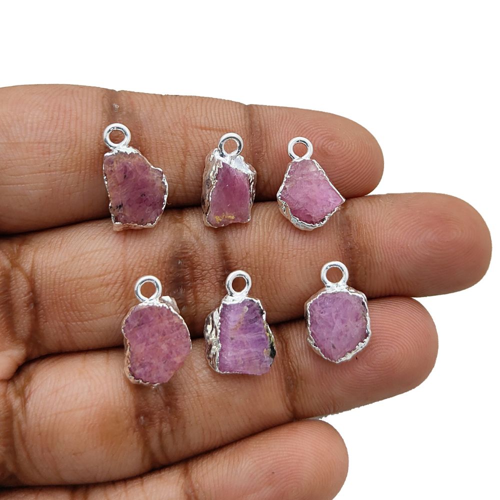 Raw Ruby Gemstone Pendant Silver-Electroplated Crystal for Empowerment, Chakra Healing & DIY Projects- Selling Per Piece