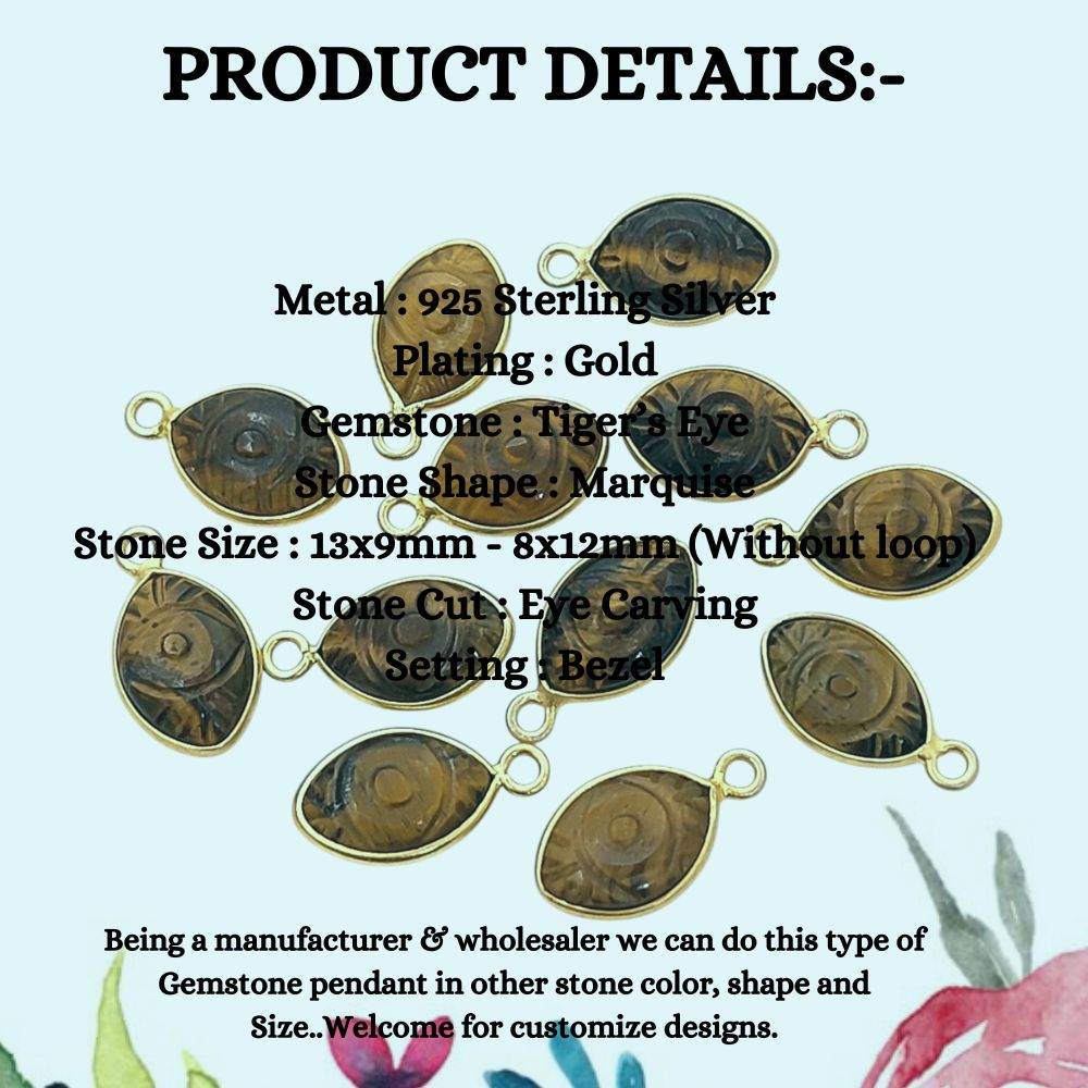 Handmade Tiger’s Eye Evil Eye Pendant in Gold Plated Sterling Silver Unique Healing Jewelry- Selling Per Piece