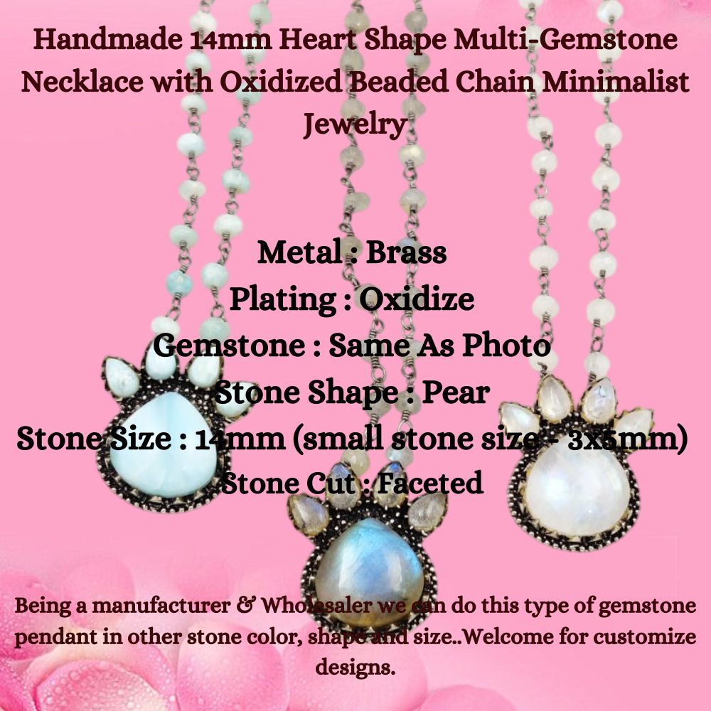 Handmade 14mm Heart Shape Multi-Gemstone Necklace with Oxidized Beaded Chain Minimalist Jewelry Gift for Her- Selling Per Piece