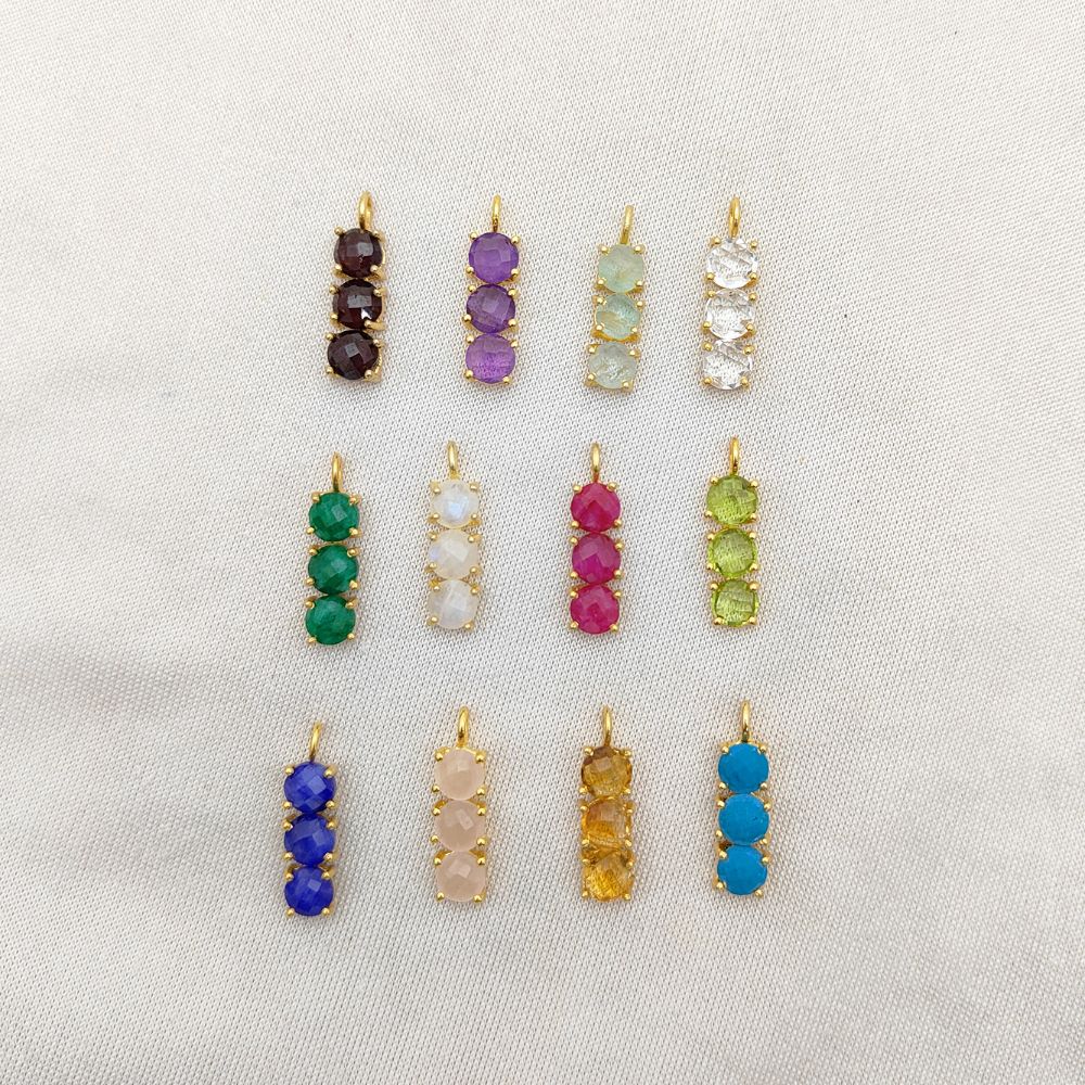 Handmade 6mm Round Three Stone Multi-Gemstone Pendant in Gold Plated Sterling Silver