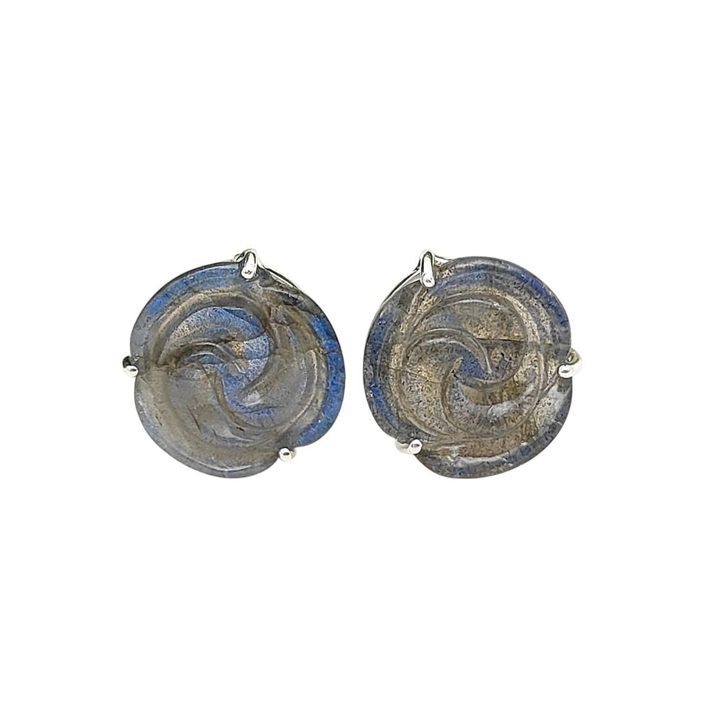 925 Silver Labradorite Stud Earrings – Handcarved Rose Flower Design, Gemstone Gift for Her (Pair)
